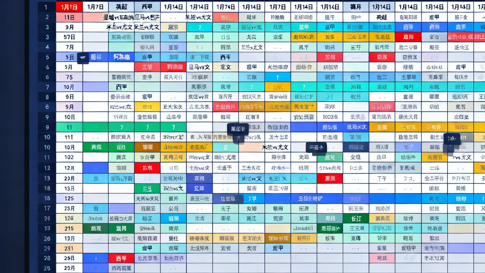 足球吧赛程日历页面，以月视图网格形式展示1月份的赛事安排，不同联赛用不同颜色标记，周末比赛日单元格密集排列，点击任意日期可展开当日全部对阵详情